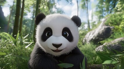 A close-up of a panda munching on bamboo in a lush forest