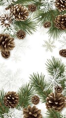 Fototapeta premium A seasonal arrangement featuring pine cones and Christmas decorations on a clean white backdrop, perfect for adding festive text