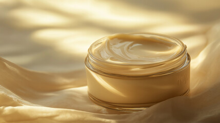 Elegant Glass Jar of Face Cream with Smooth Cream in Soft Golden Lighting
