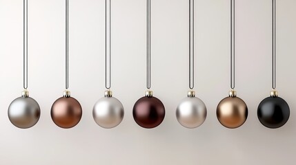 Decorative ornaments in white, black, and gold hang elegantly against a simple white wall, enhancing the holiday atmosphere