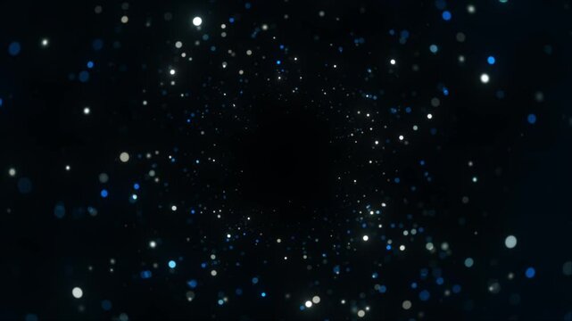 Abstract shimmering particles in deep space, glittering bokeh and blue sparkling lights, seamless loop animation for Christmas and New Year celebrations, dark background, copy space.