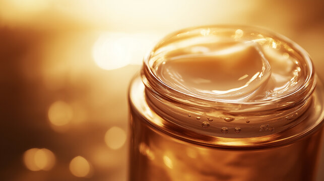 Close-up of Moisturizing Cream in a Glass Jar with Warm Amber Lighting