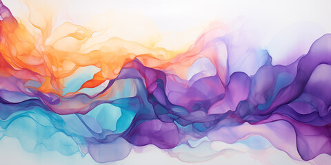 Dynamic Splashes of Watercolor Mixing Vivid Purple, Teal, and Orange Hues with Soft Edges Blending into a Textured Background