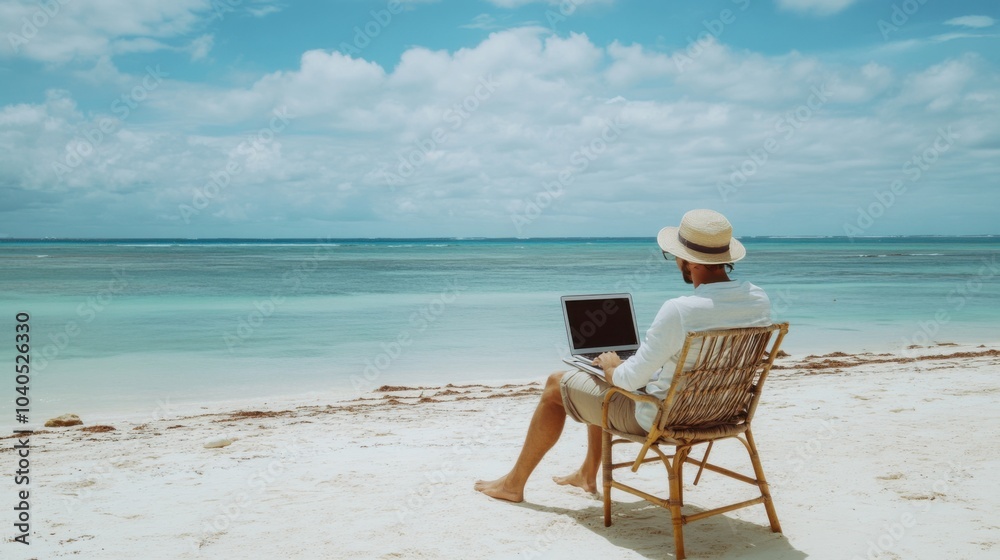 Poster a digital nomad working on a laptop at a beach, representing the blend of work and leisure in contem