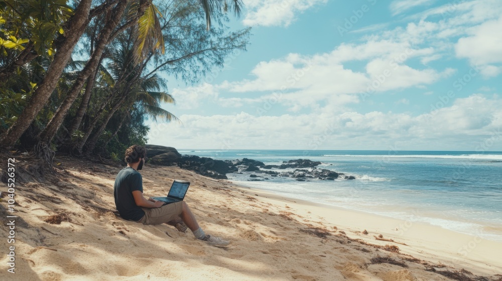 Poster a digital nomad working on a laptop at a beach, representing the blend of work and leisure in contem