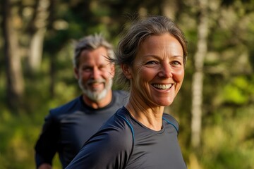 Obraz premium Couple in Their 40s Enjoying a Joyful Jogging Session