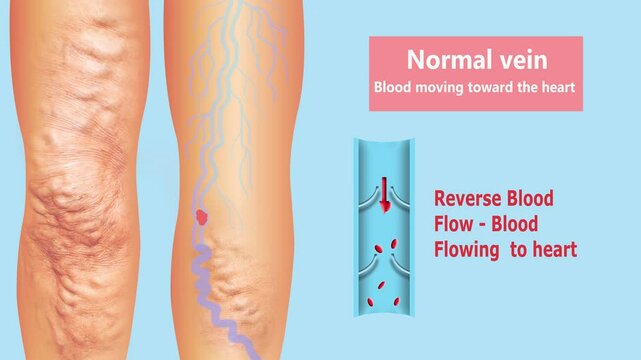 Deep Vein Thrombosis or Blood Clots. Embolus. Structure of normal and varicose female veins - 2D animation