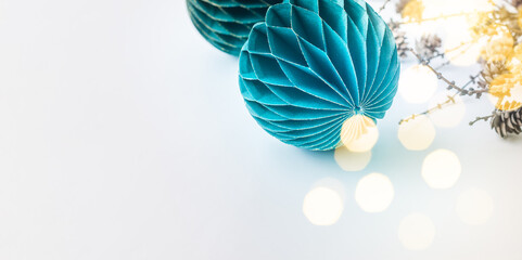 Christmas bauble on pine branches. Xmas background. Winter holidays