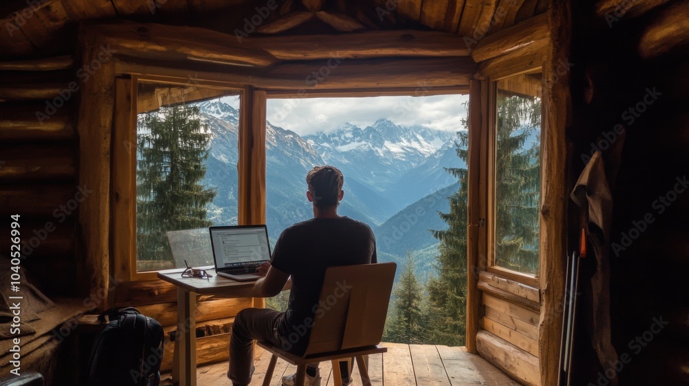 Poster a digital nomad working remotely from a scenic mountain cabin, blending work with nature in a digita