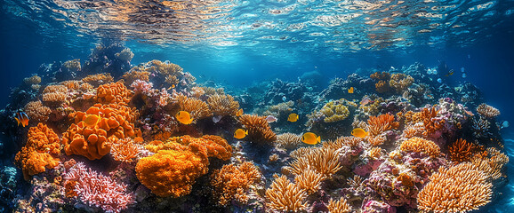 Underwater coral reef landscape with colorful corals and tropical fish, beautiful clear water.