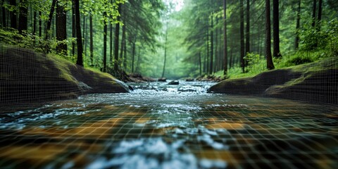 serene nature photograph of a forest river scene with a digital grid overlay, blending natural beauty and technology for modern creative projects.