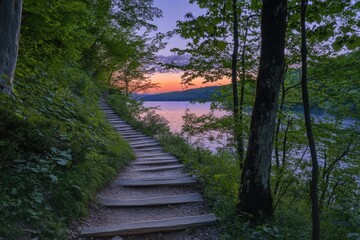 Naklejka premium Wooden Steps Leading to Lake