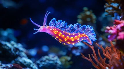 A close-up of a vibrant, neon-colored nudibranch gliding over coral, its intricate body patterns glowing brightly against the dark blue ocean backdrop