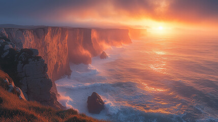 Fototapeta premium Waves crashing against rugged cliffs, a misty atmosphere, dramatic lighting, long exposure. A steep bank and a cliff.