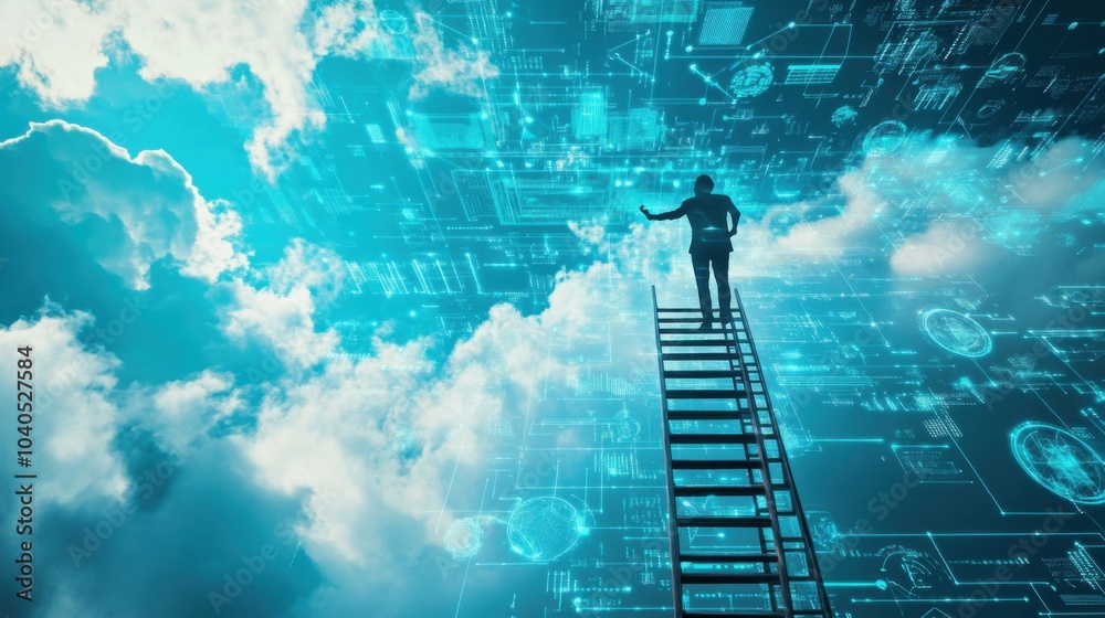 Poster a dramatic shot of a person climbing a ladder that reaches up into a sky filled with digital clouds 