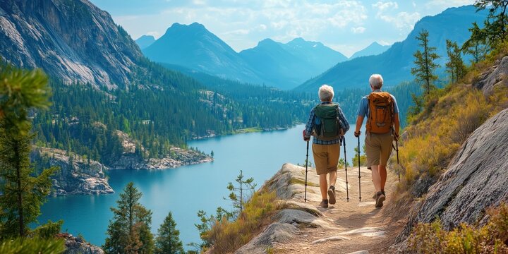  adventurous senior couple hiking along a scenic mountain trail