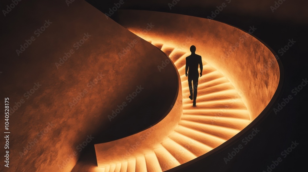 Poster a dramatic view of a person ascending a spiral staircase, each step glowing with light, symbolizing 