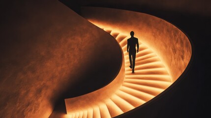 A dramatic view of a person ascending a spiral staircase, each step glowing with light, symbolizing personal growth and enlightenment in the journey of life