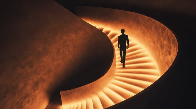 A dramatic view of a person ascending a spiral staircase, each step glowing with light, symbolizing personal growth and enlightenment in the journey of life