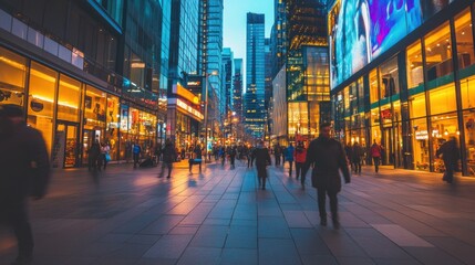 A dynamic city street scene with pedestrians and illuminated storefronts, Urban hustle theme, Lively style