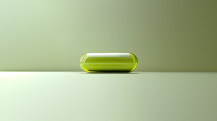 A Close-Up of a Vibrant Green Pill Resting on a Smooth Surface in a Softly Lit Environment