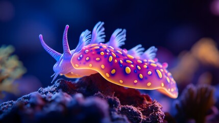 A close-up of a vibrant, neon-colored nudibranch gliding over coral, its intricate body patterns glowing brightly against the dark blue ocean backdrop