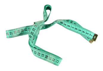 Green measuring tape tied in a bow isolated on white or transparent background