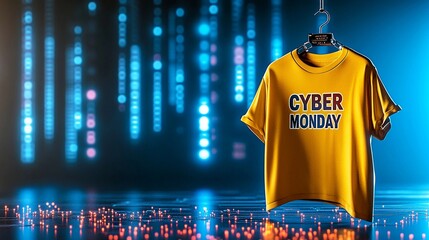 Yellow t-shirt on a hanger with a Cyber Monday print on virtual background. Sales, shopping and merch concept. Product design for poster, presentation, advertising 