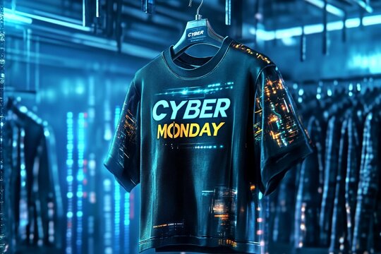 T-shirt on a hanger with a Cyber Monday print on a blue tech background. Sales, shopping and online commerce concept. Product design for poster, presentation, advertising  - Powered by Adobe