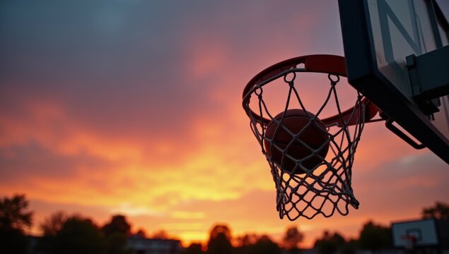 Basketball Through the Hoop, dynamic sports photo, representing victory and triumph