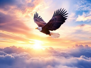Obraz premium Bald eagle in flight over clouds