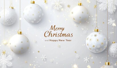White background with hanging snowflakes and white Christmas ornaments, gold inscription "Merry Christmas and Happy New Year" in the center of the picture Generative AI