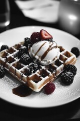 Waffle with Ice Cream and Berries