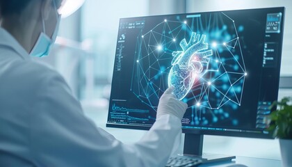 A medical professional uses advanced technology to examine a 3D holographic projection of a human heart on a computer screen in a lab setting.