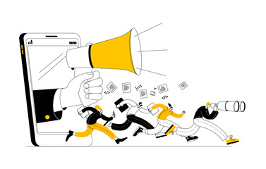 Hand with megaphone from phone shouting. Workers running. Vector illustration on the theme of remote management of work groups.