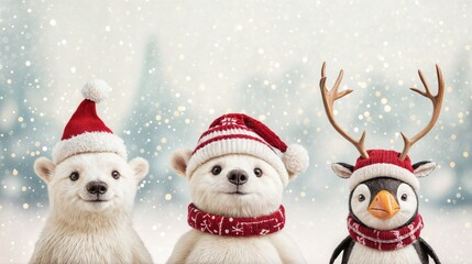 Cute polar bear, penguin, and reindeer wearing Christmas hats in a snowy wonderland