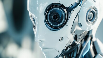 A detailed close-up of a humanoid robot's precision facial recognition camera, showcasing biometric identification capabilities and security applications, Robotics technology style
