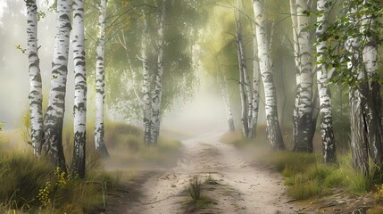 Misty autumn forest with golden leaves and fog covering the trees, creating a tranquil and serene atmosphere perfect for nature-themed visuals.