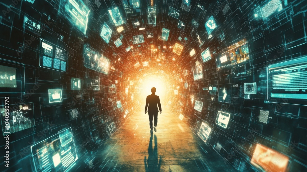 Aufkleber A dynamic depiction of a person navigating through a labyrinth of floating social media feeds and digital reminders
