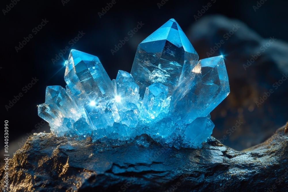 Poster a striking image of radiant blue crystals brilliantly reflecting light as they protrude from a rugge