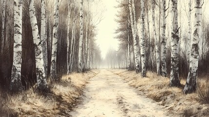 Fototapeta premium Misty autumn forest with golden leaves and fog covering the trees, creating a tranquil and serene atmosphere perfect for nature-themed visuals.