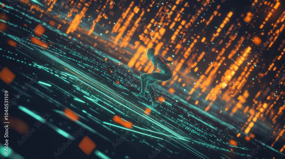 Poster A dynamic depiction of a person racing through a digital racetrack made of floating deadlines and notifications, with a glowing finish line representing personal goals