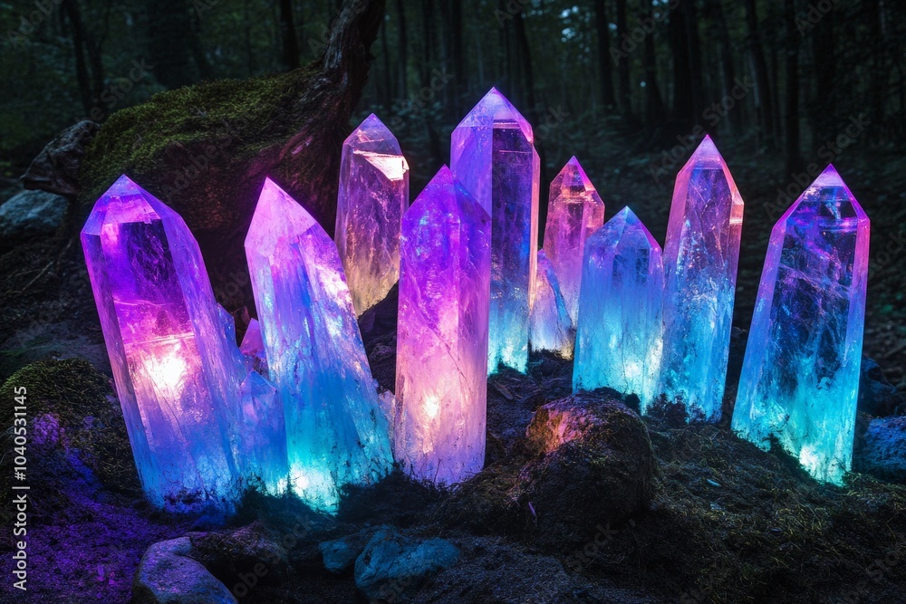 Aufkleber A captivating array of glowing crystals in a mystical forest setting, illuminating the surroundings with vibrant colors, creating an enchanting atmosphere.