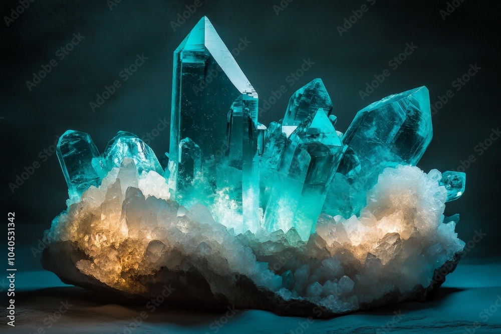 Poster beautiful translucent crystals rise from a cloud-like base, gleaming with an inner light that convey