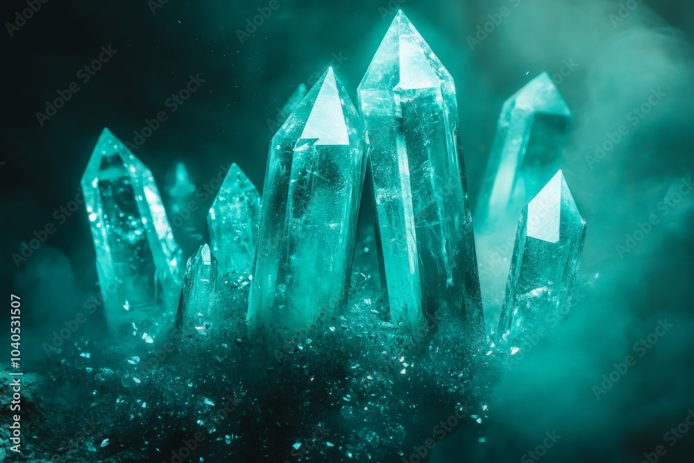 Poster Magical blue crystals are enveloped in a mysterious aura, their sharp forms highlighted by an ethereal glow that infuses the scene with tranquility and serenity.