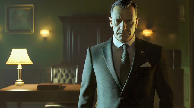 A mafia chief standing in his office, with a dangerous and serious demeanor, exuding a commanding presence, the head of a criminal organization operating in the underground.