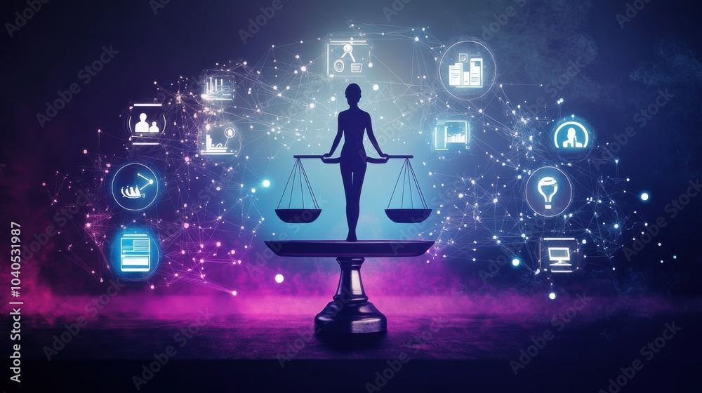 Poster a dynamic image of a person balancing on a giant digital scale, with floating icons representing wor