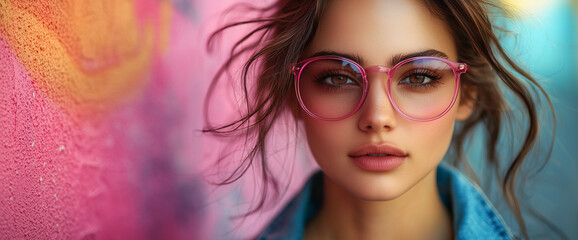 Obraz premium Woman in a denim jacket and pink sunglasses stands against the background of an alley with graffiti. Text space.