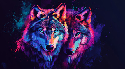 An abstract pop art-style portrait of a pair of wolves, featuring neon colors and watercolor splashes on a black background, created as digital vector graphics.



