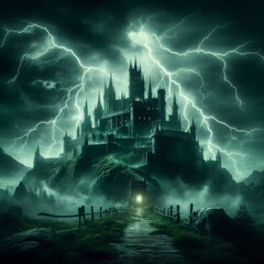Sinister Castle Amid Thunder and Lightning